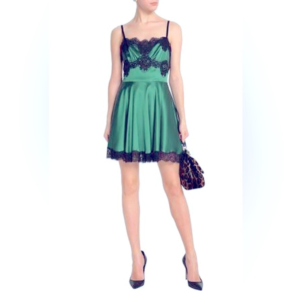 Dolce & Gabbana emerald lace-trimmed silk dress